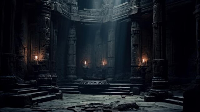 A mystical ancient temple interior with towering stone pillars, dimly lit by torches. Captured from a low angle, perfect for a fantasy video backdrop. Live desktop wallpaper.