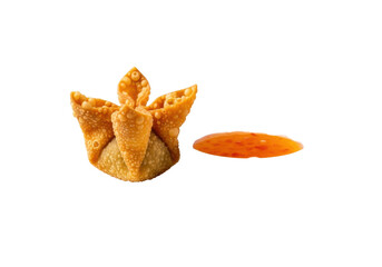 A single golden-brown, crispy fried wonton (Hoanh Thanh Chien) with delicate folds on a minimalist white plate, sweet and sour sauce in a ramekin, transparent background. Concept of gourmet Asian