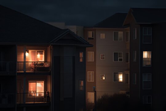 A quiet night view of an apartment complex Soft lights glow from kitchen windows The mood feels warm and restful, Generative AI