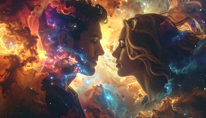 A couple embracing in a cosmic nebula.  A digital artistic representation of love and the universe