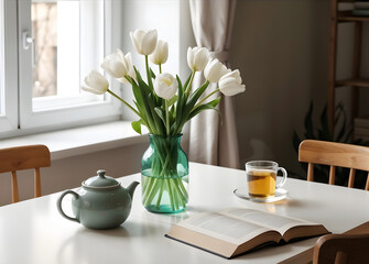 a white table with a vase of white tulips, a teapot, a teacup, and an open book. The scene suggests a cozy, relaxing atmosphere.