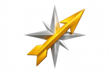 Golden arrow pointing northeast over a silver compass rose, isolated on transparent background, ideal for travel and navigation concepts