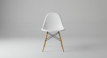 A modern white Eames-style chair with wooden legs against a simple gray background.