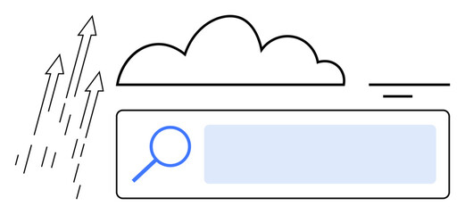 Cloud above a search bar with magnifying glass, arrows symbolizing growth or data flow. Ideal for cloud computing, data analysis, online search, technology trends, web search, innovation, simple