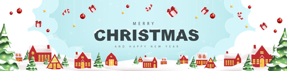Merry christmas and happy new year greeting card banner with snowy winter landscape red village and forest mountain scene for holiday celebration and festive background