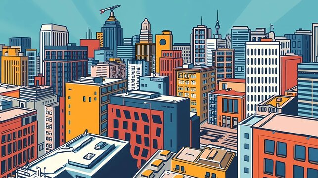 A colorful cityscape illustration featuring modern high-rise buildings in bold flat design, showcasing vibrant architecture under a clear blue sky. - Powered by Adobe