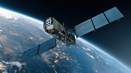 A satellite orbits above a blue planet with twinkling lights, set against a vast dark cosmos filled with scattered stars