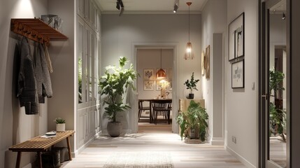 Cozy home hallway with modern coat rack, open layout leading to living room and dining table, soft lighting and green plants for welcoming vibe