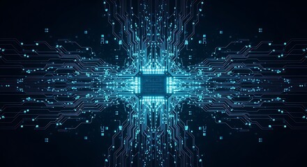 Dynamic glowing blue circuit board with central processor, representing futuristic technology and data flow.