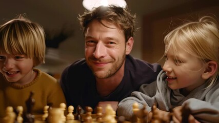 Family game board night father and parent with child around chess sharing smiles laughter cozy joyful moments smiling together in warm home lighting - Powered by Adobe