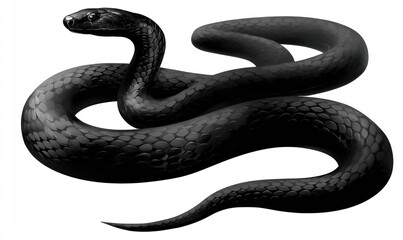 Obraz premium A digitally rendered, coiled black snake, scales visible, resting on a white background, its head raised slightly