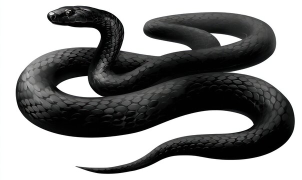 A digitally rendered, coiled black snake, scales visible, resting on a white background, its head raised slightly