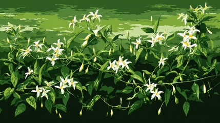 Whimsical white flowers on dark green vines