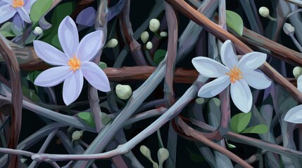 Lilac flowers amidst tangled branches