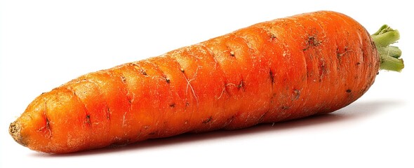 An orange carrot lies diagonally on a white background, showing its rough skin and green top
