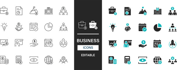 Business icon set line and solid style. Growth, finance, strategy, success, partnership, innovation, leadership, marketing, productivity, investment vector collection. © ABDUR