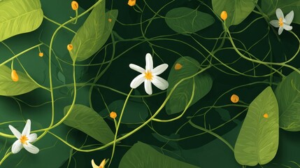 Floral vines, lush green leaves, white flowers