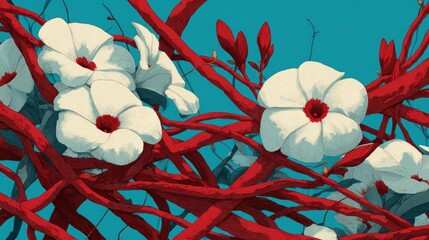 Vibrant white flowers on a network of red branches against a turquoise sky