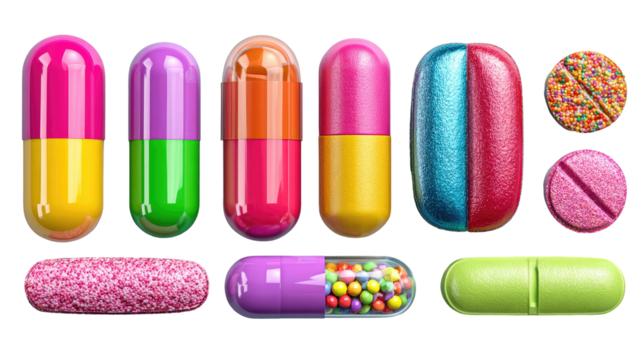 Vibrant, colorful capsules and pills, various shapes and fillings