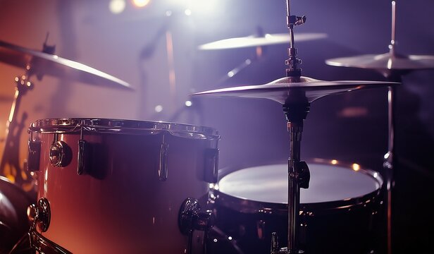 Close-up of drum kit in rock band studio with space for blurred background featuring stage lights and musical instruments for performance or promotional concept
