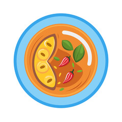 Delicious Thai soup bowl with noodles and fresh spices