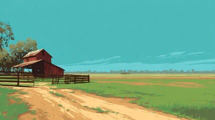 Rustic red barn in a vast green field