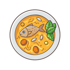 Fish soup with noodles and spinach cartoon illustration
