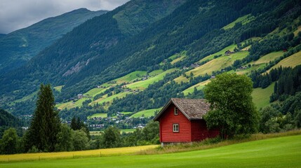 Red cabin nestled in valley, mountains backdrop
