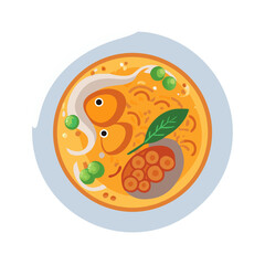 Stylized illustration of noodle soup on a blue plate