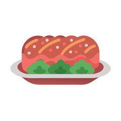 Flat vector illustration of meatloaf with green garnish on plate