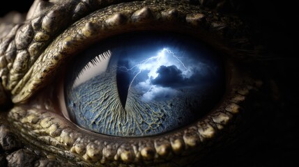 Close-up crocodile eye, storm reflected