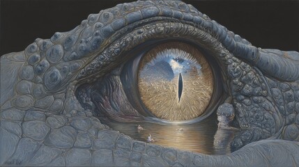 Crocodile eye, reflecting a miniature landscape