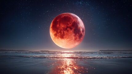 Red moon over ocean waves
