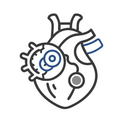 Stylized mechanical heart illustration against black backdrop with cogwheel