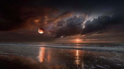 Dramatic sunset over a beach, with a reddish moon
