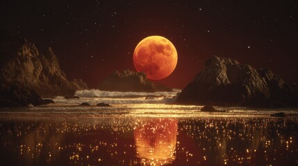 Red moon over rocky shore