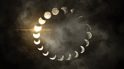 Lunar cycle, phases, cosmic, circle, dark background