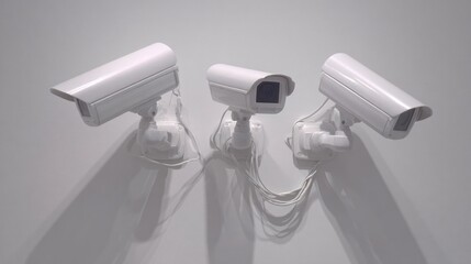 Three white security cameras mounted on a wall