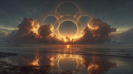 Golden rings halo sunset over water