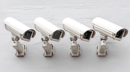 Four security cameras mounted on a light gray wall