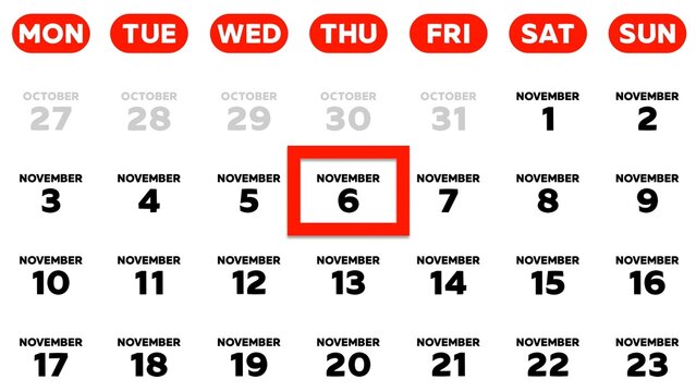 Close-up of the date November 6th marked with a red cursor on the wall calendar 2025
