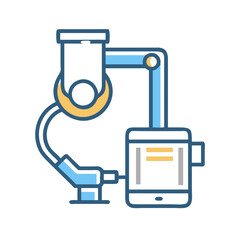 Stylized robot arm assembling device on a black backdrop