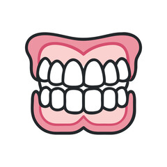 Cartoon dentures illustration against a black background graphic image