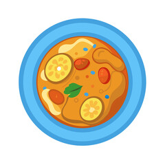 Stylized bowl of soup with vegetables on black background