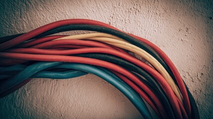 Colored electrical wires curve against a textured wall