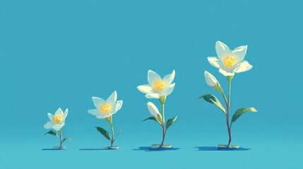 White flowers in stages of growth on light blue background