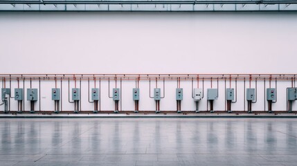 Industrial control panels line a pale wall