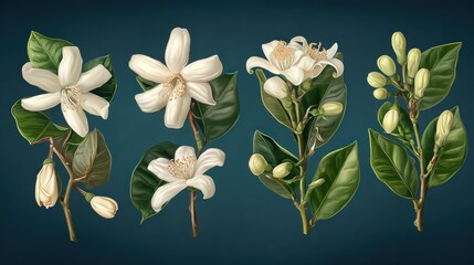 Detailed botanical illustration of citrus blossoms and leaves