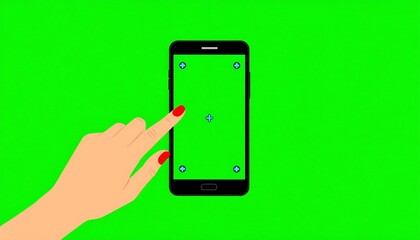 Hand touching a smartphone screen on a green background