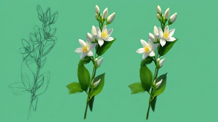 Sketch and painted white flowers on teal background